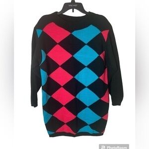 CNew Vintage Y2K Sweater Dress Geometric Print Colorblock Black Blue Pink S-M-L